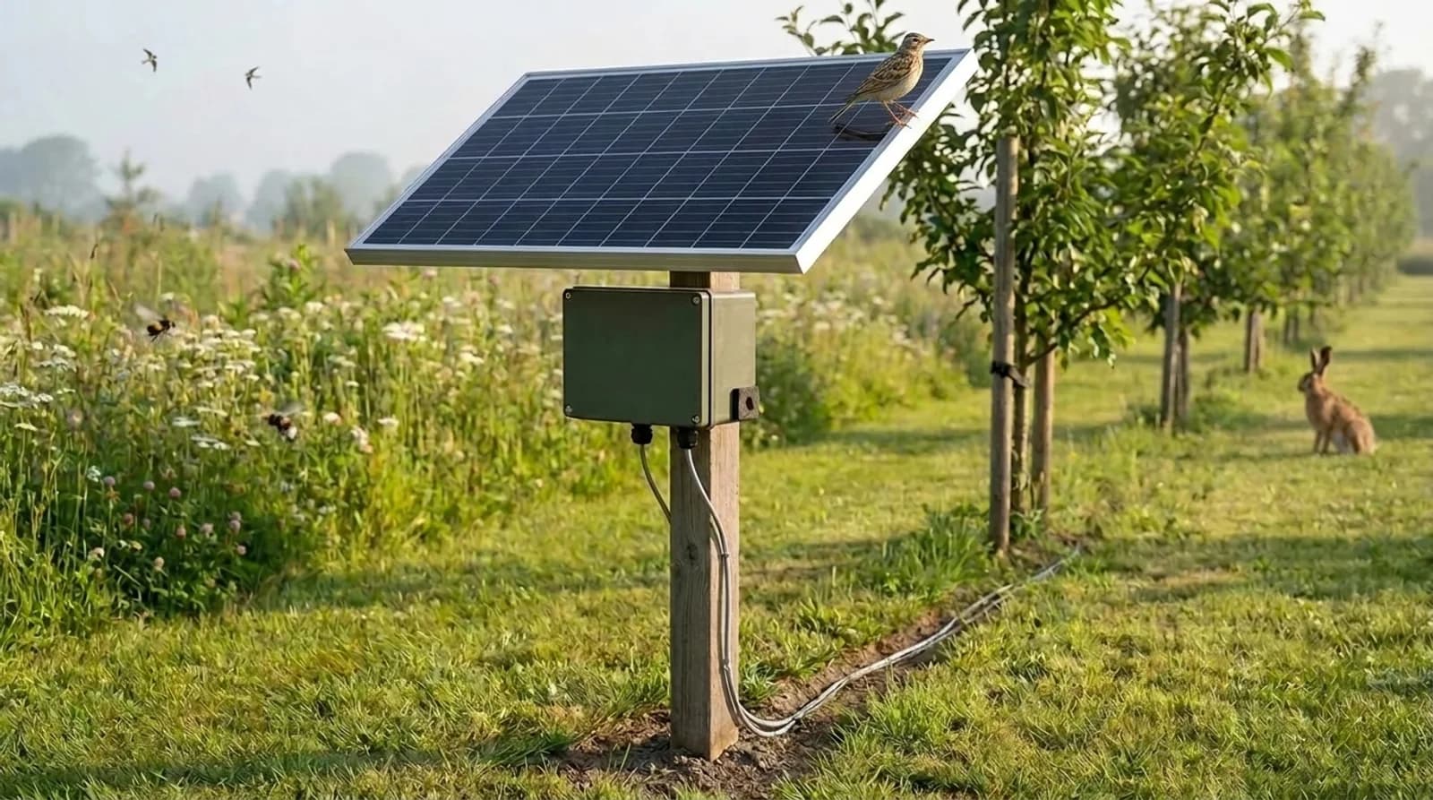 Impression of the Life Node: a small green box on a wooden post under a tilted solar panel, a skylark on the panel
