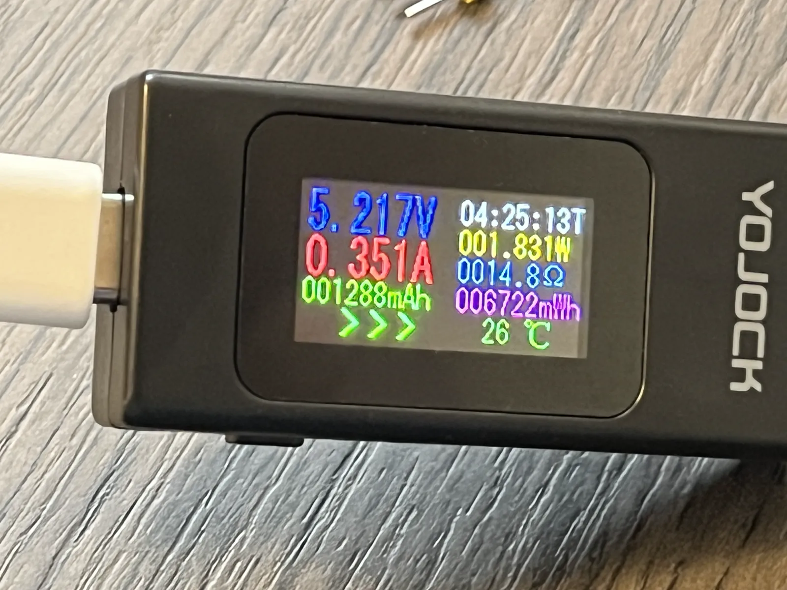 Close-up of the meter's screen: 5.217 V, 0.351 A, 1.831 W