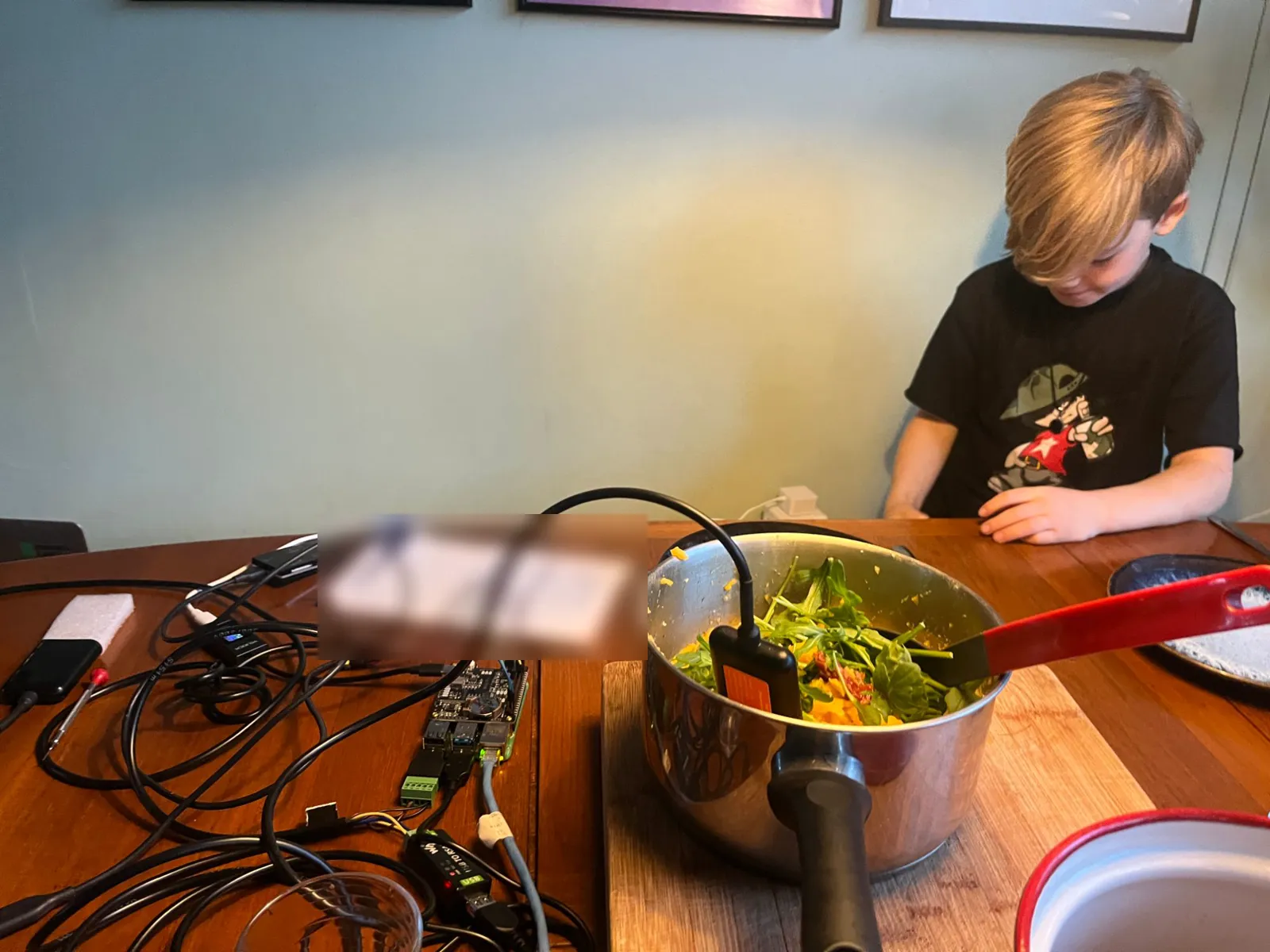 A pan of mash with the soil probe standing in it, on a board on the dinner table; next to it the Raspberry Pi with its cables, behind it the youngest builder looking down at the table