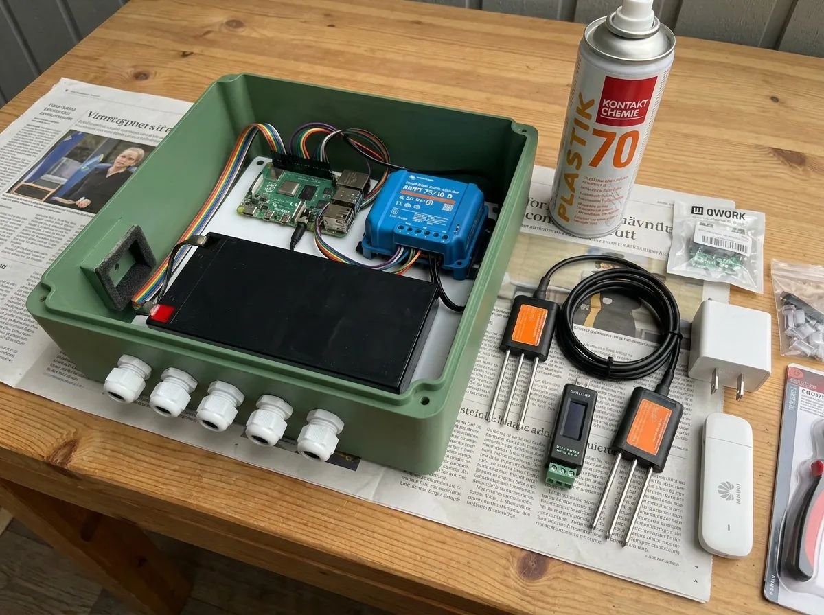 The painted green enclosure open on the bench, boards and battery laid out on a white plastic plate, glands in the bottom wall