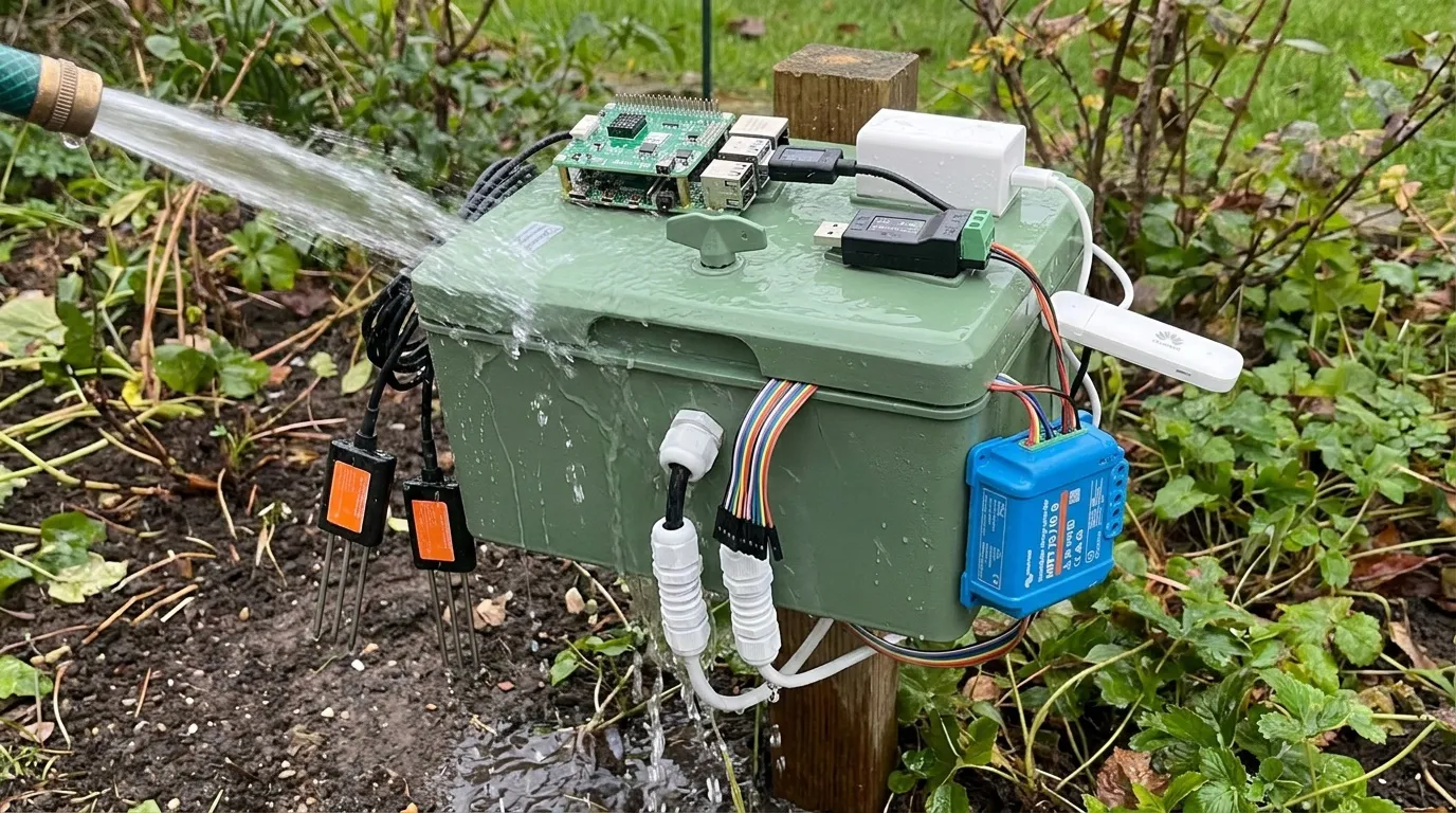 The closed green enclosure being sprayed with a garden hose