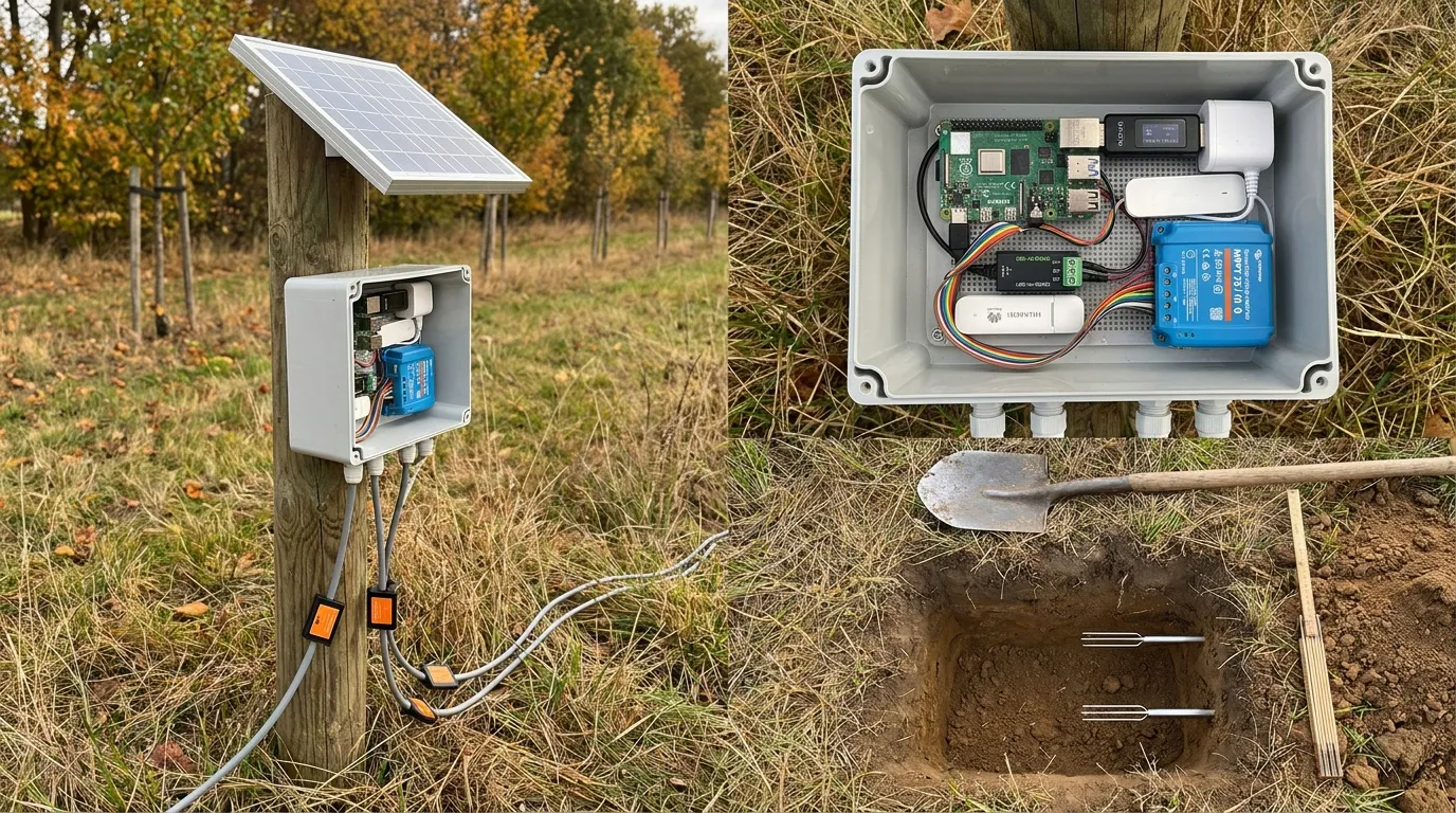 The finished box on a wooden post at a field edge, panel above the green box, two probe cables running to a small soil pit