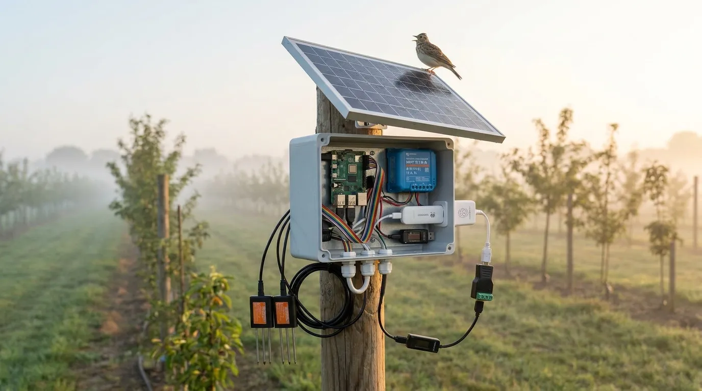 The box small in a misty field at dawn