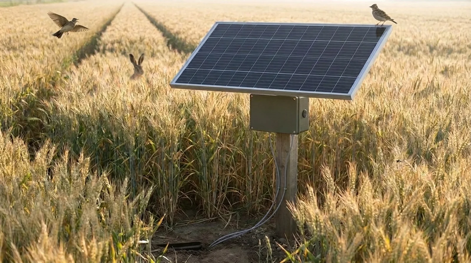 Impression of the same node standing in ripening wheat, with only the tilted panel showing above the ears. A skylark sings on the corner of the panel, another is up over the field, and a hare watches from the tramline with only its head and ears above the crop